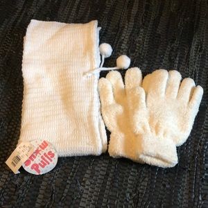 Snow Puffs knit yarn white scarf and puffy creamy color gloves winter warm